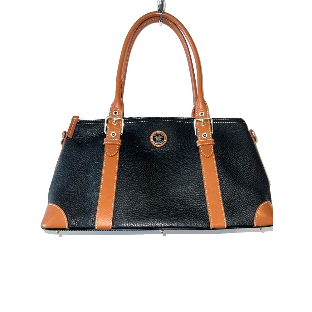 DOONEY & BOURKE Pebbled Leather Satchel Handbag in Black|tan, Crossbody Strap